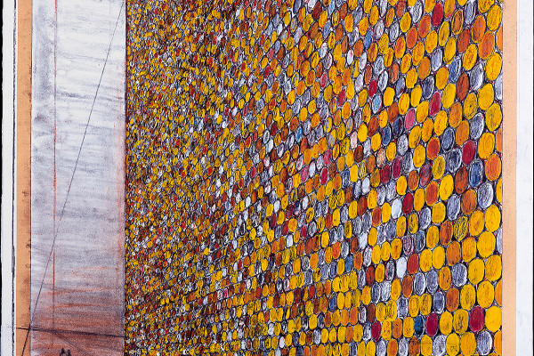 Skizze der Fässerwand The Wall im Gasometer